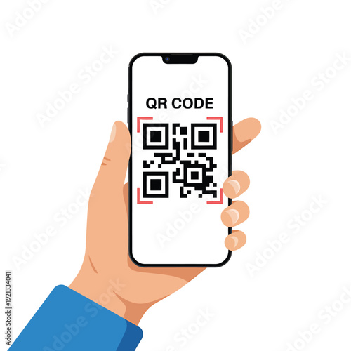 Hand holding a smartphone displaying a scanning qr code on screen