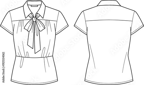 Women's short sleeve bow tie blouse front and back view, elegant fashion line art illustration isolated background