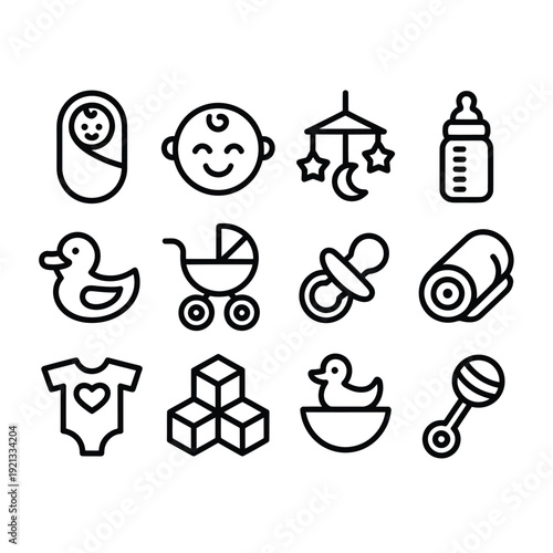 Collection of simple line icons depicting various baby and infant items