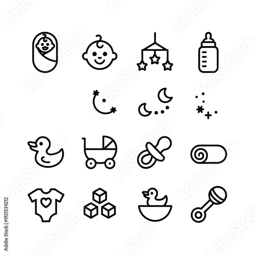 Simple line icons depicting various baby items and childhood themes