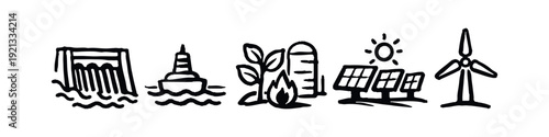 Renewable Energy Sources and Green Power Generation Hand Drawn Icons Set