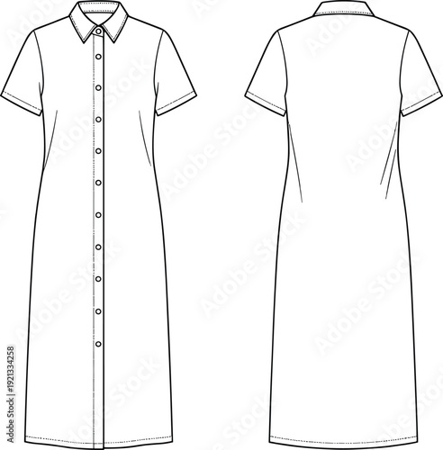 Women's short sleeve button down midi dress front and back view, minimalist fashion line art illustration isolated