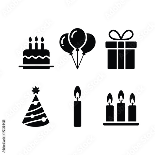 Black silhouette icons depicting birthday celebrations and festive elements