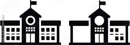 School building silhouette vector illustration with flag and windows, black education campus icon for design