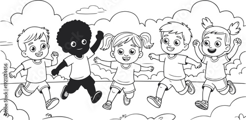 Happy diverse kids jumping together cartoon children group celebrating multicultural friendship and unity isolated vector illustration on white background