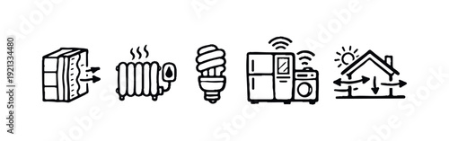 Home Energy Saving and Smart House Efficiency Hand Drawn Icons Set