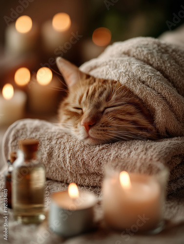 An illustration of an unusually beautiful cat enjoying a relaxing spa treatment. The unusual in our lives and animals.