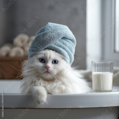 An illustration of an unusually beautiful cat enjoying a relaxing spa treatment. The unusual in our lives and animals.