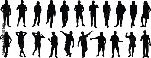 People silhouettes collection, men and women casual standing and gesture poses set, black vector illustration isolated on white background