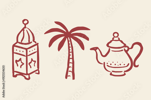 Arabic lantern palm tree and teapot sketch vector illustration
