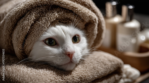 An illustration of an unusually beautiful cat enjoying a relaxing spa treatment. The unusual in our lives and animals.