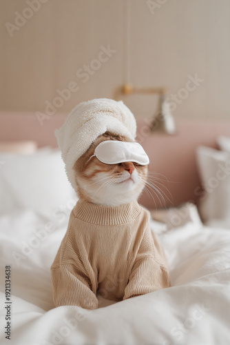 An illustration of an unusually beautiful cat enjoying a relaxing spa treatment. The unusual in our lives and animals.