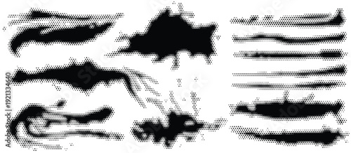 Digital hand drawn style dot hexagon brush strokes, banner set. Collection of wide spots and thin stripes template for futuristic design project. Vector isolated on white background