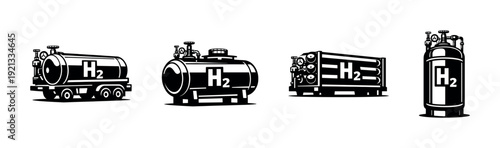 Hydrogen storage and transport vector icons set with gas and energy containers