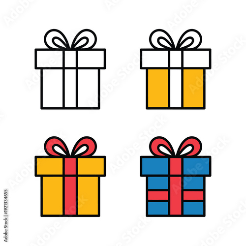 Four colorful gift boxes with ribbons in a simple line art style