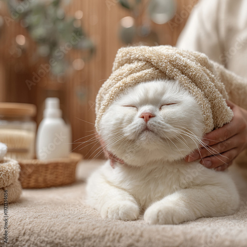 An illustration of an unusually beautiful cat enjoying a relaxing spa treatment. The unusual in our lives and animals.