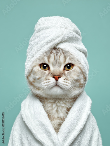 An illustration of an unusually beautiful cat enjoying a relaxing spa treatment. The unusual in our lives and animals.