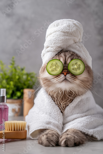 An illustration of an unusually beautiful cat enjoying a relaxing spa treatment. The unusual in our lives and animals.