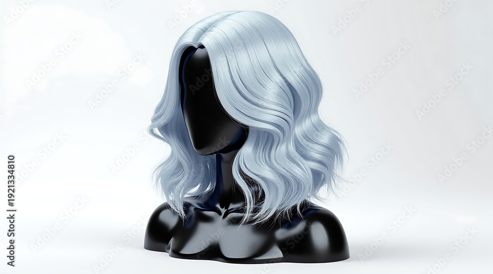 Fototapeta premium Silver wavy bob mannequin head synthetic hair wig glossy black bust realistic render, elegant calm styling