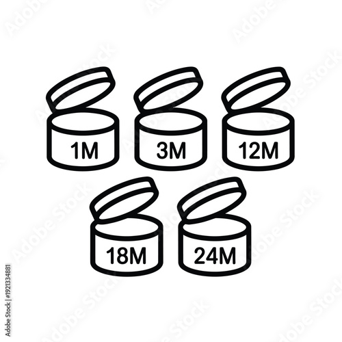 Five cylindrical containers with varying month numbers displayed inside