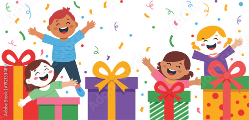Happy kids sitting on gift boxes and jumping cartoon children celebrating birthday party with colorful vector illustration set