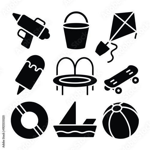 Black silhouette icons depicting various summer toys and recreational items