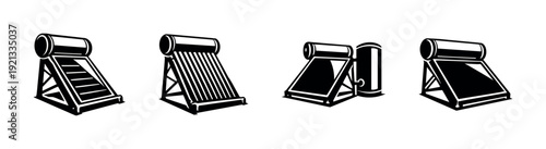 Solar water heater vector icons set. renewable energy symbols. eco-friendly designs.
