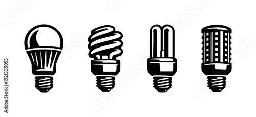 Light bulb vector icons set. energy-saving lamp symbols. black and white illustrations.