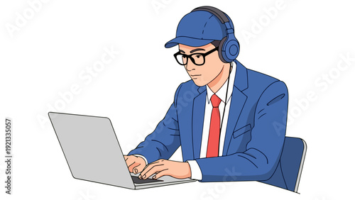 Focused Young Professional Working on Laptop with Headphones and Cap