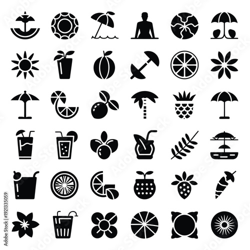 Collection of black summer icons featuring tropical fruits and beach items