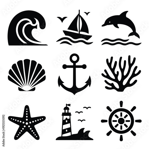 Black silhouettes depict nautical elements including waves boats and marine life