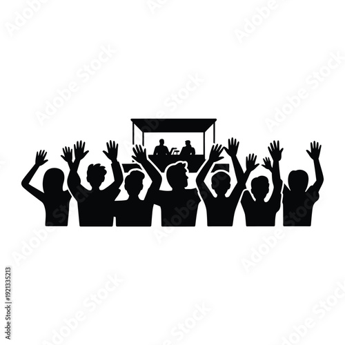 Crowd silhouetted with raised hands cheering at a performance stage
