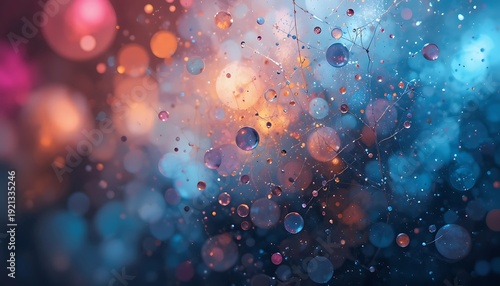 Abstract glowing bokeh particles with blue and orange light bubbles