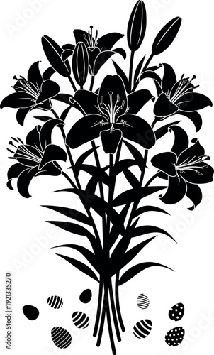 Black and white of lilies with decorative eggs flowers bouquet