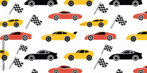 Formula racing car and checkered flag collection vector illustration featuring fast race vehicles and motorsport competition isolated set