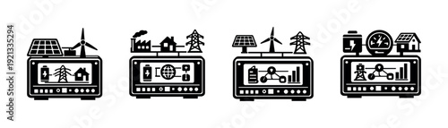Renewable energy vector icons set with eco, power, and grid symbols