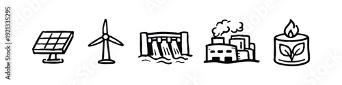 Renewable Energy Sources Versus Industrial Pollution Hand Drawn Icons