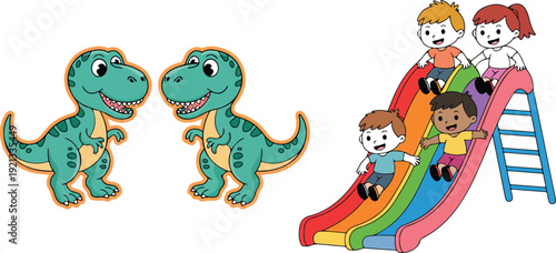 Cute dinosaur characters and happy kids sliding on rainbow playground slide cartoon vector illustration collection set for children