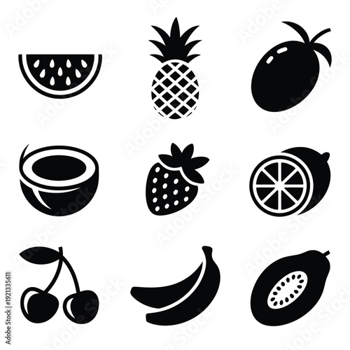 Black and white illustration depicting various tropical fruits arranged in a grid
