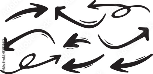Collection of black arrows pointing in various directions on white background for design and navigation