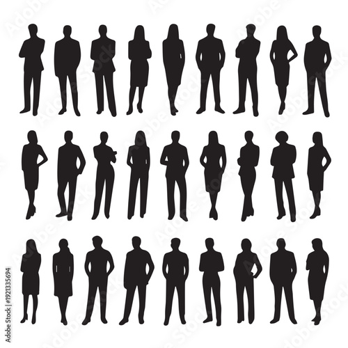Business people silhouettes, group of standing business men and women , business team standing together
