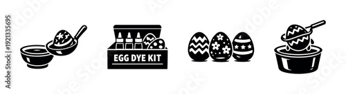 Easter egg vector icons set: dye kits, decorated eggs, festive symbols