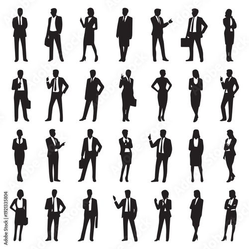 Business people silhouettes, group of standing business men and women 
