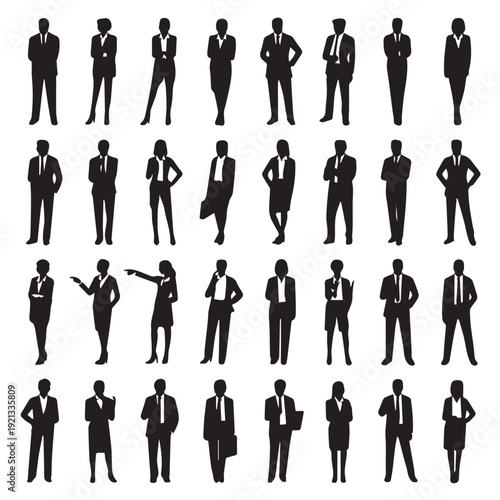 Business people silhouettes, group of standing business men and women 
