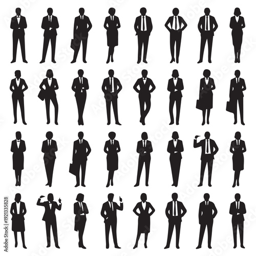Business people silhouettes, group of standing business men and women 
