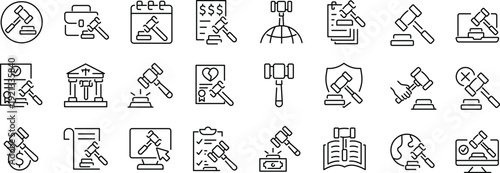 Set of outline icons related to gavel. Linear icon collection. Editable stroke. Vector
