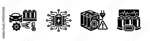 Battery technology vector icons set. car battery, circuit, power symbols collection