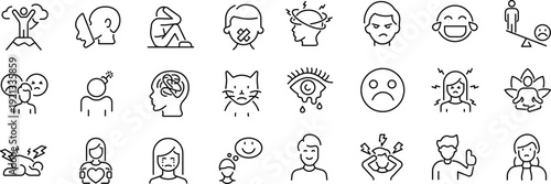Set of outline icons related to emotions. Linear icon collection. Editable stroke. Vector