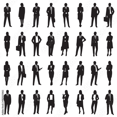 Business people silhouettes, group of standing business men and women 
