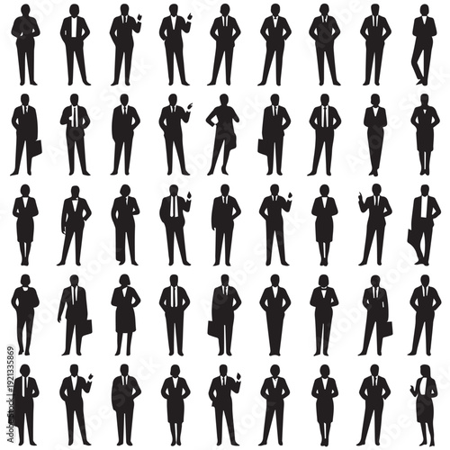 Business people silhouettes, group of standing business men and women 
